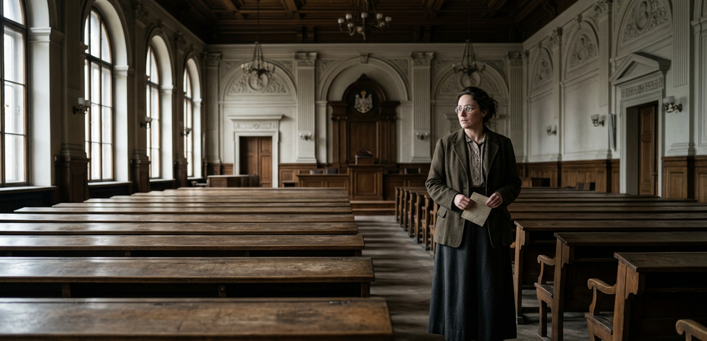 Amalie Emmy Noether stands in a dusty lecture hall filled with chalk dust and rows of wooden benches.