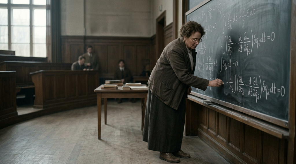 Amalie Emmy Noether stands beside a chalkboard covered in detailed mathematical equations of continuous symmetries.