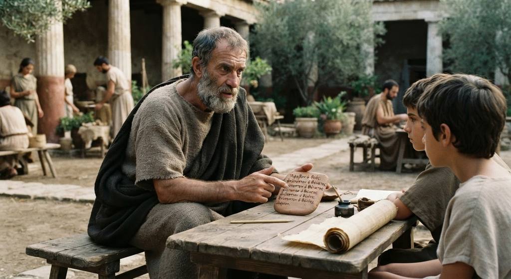 A clay tablet with ancient Greek writing rests on a rustic wooden table in a sun-drenched courtyard.