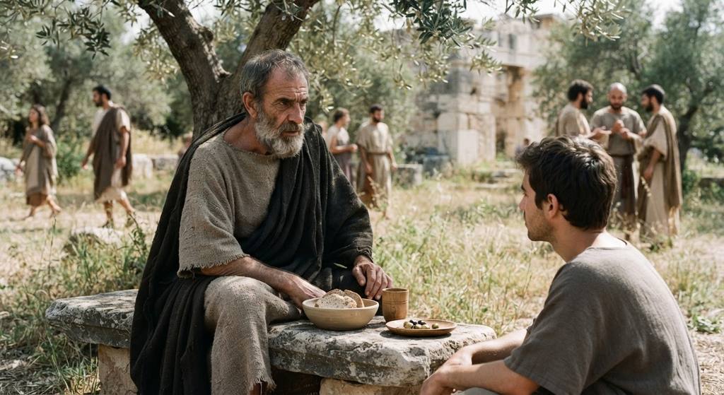 Simple bread, water, and olives are arranged on a rough stone bench beneath an olive tree.