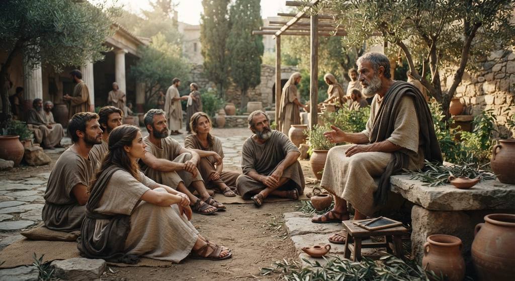 People sit comfortably on stone benches in a quiet courtyard, talking in the soft afternoon light.