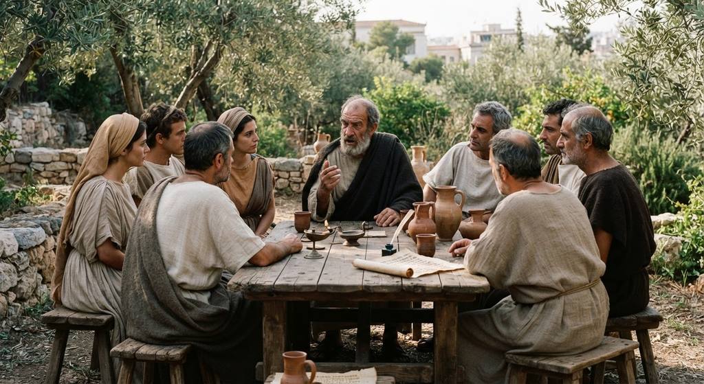 A diverse group of men and women sit around a wooden table in a garden, engaged in deep conversation.