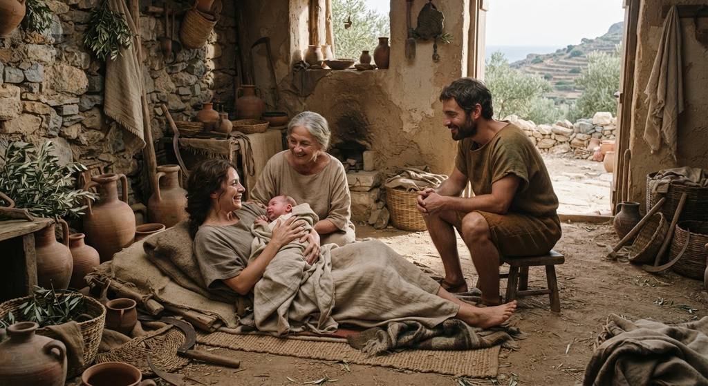 Athenian settlers tend to olive trees near a rocky coastline under a bright Aegean sky as a family gathers nearby.