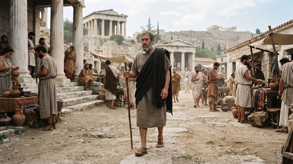 A bearded man in traditional robes walks past the towering marble columns of the Athenian Agora.