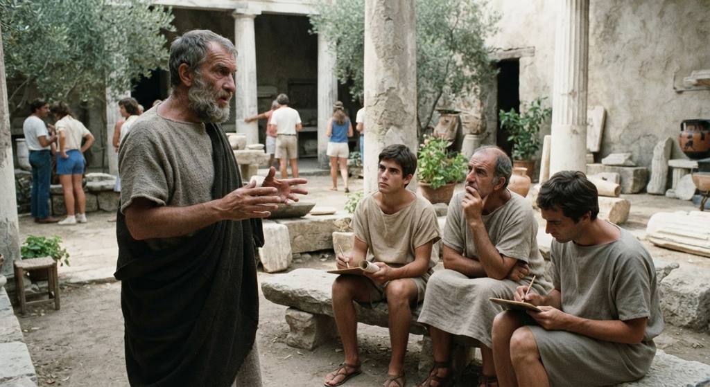 A bearded philosopher gestures while speaking to a group of scholars in an open-air courtyard.