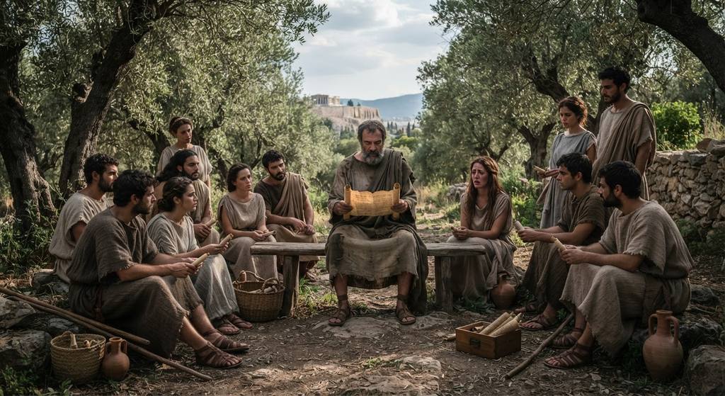 Followers gather in a shaded olive grove to read ancient scrolls together in a quiet, reflective setting.