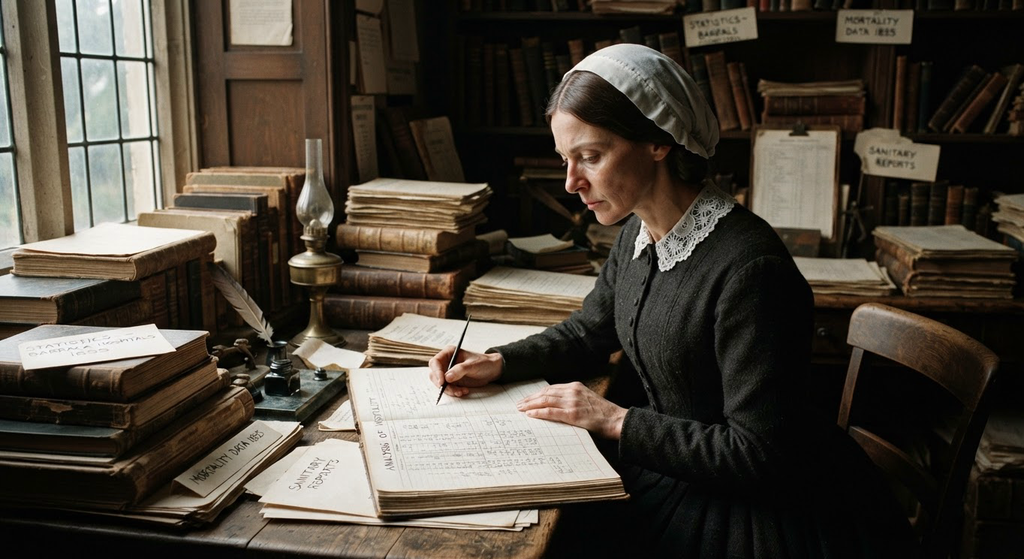 Florence Nightingale reviews government ledger books and statistical tables in a study.