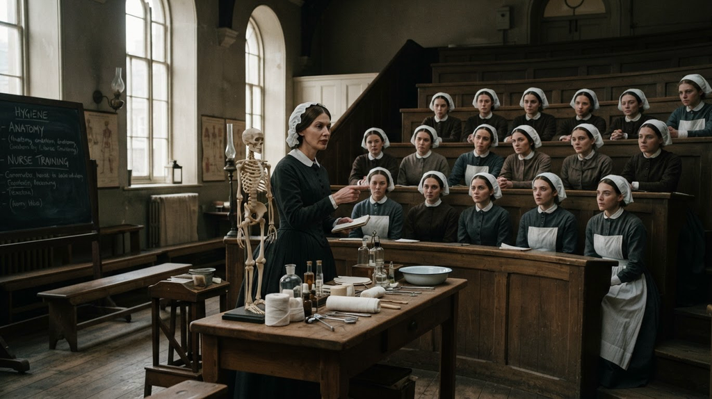 Student nurses in uniform observe a medical demonstration in a lecture hall.