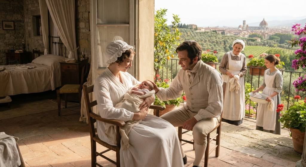 A newborn baby lies on a sunlit balcony overlooking an Italian olive grove.