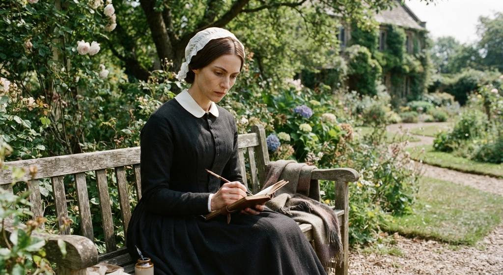 A young woman in a dark Victorian dress sits in a lush garden writing in a journal.