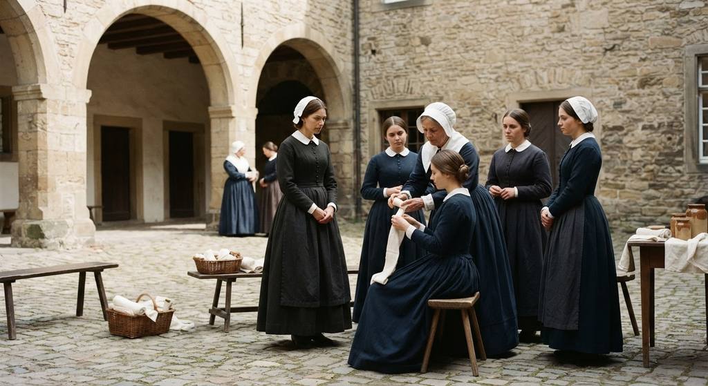 Florence Nightingale stands in a stone courtyard alongside uniformed German deaconesses.