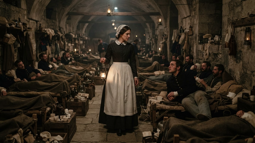 Florence Nightingale walks through a dimly lit military hospital ward with wooden cots.
