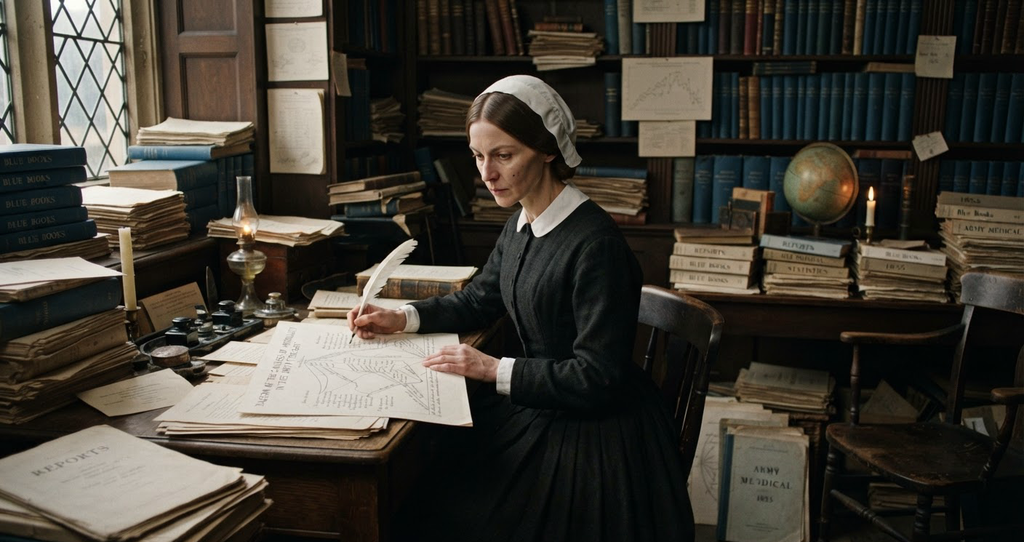 Florence Nightingale sits at a desk surrounded by stacks of government reports and charts.