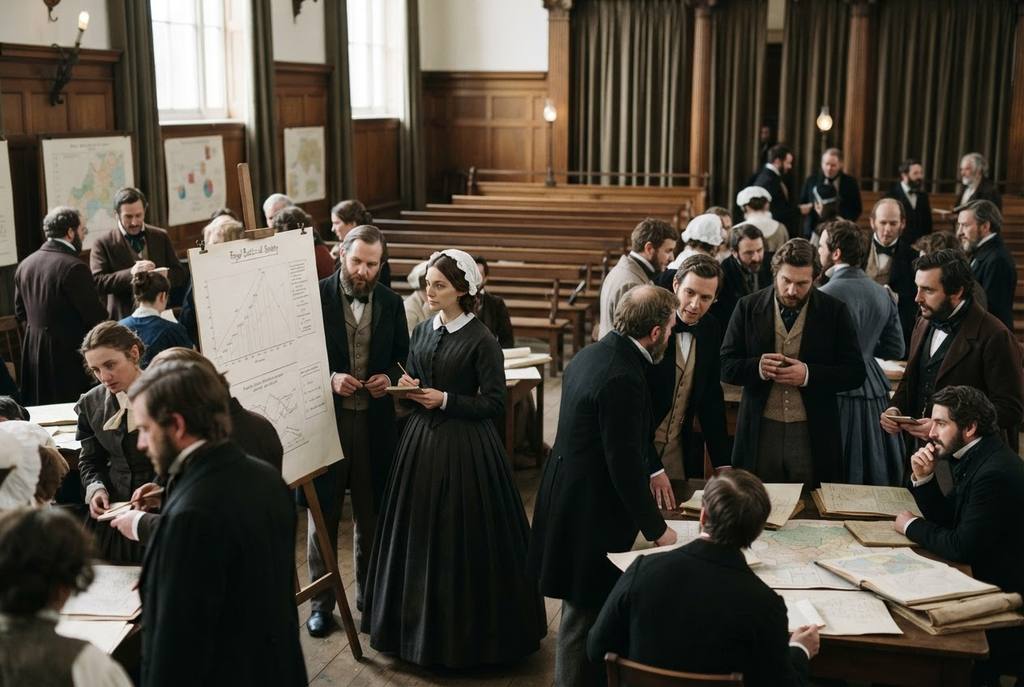 Florence Nightingale presents statistical charts to scholars in an elegant hall.