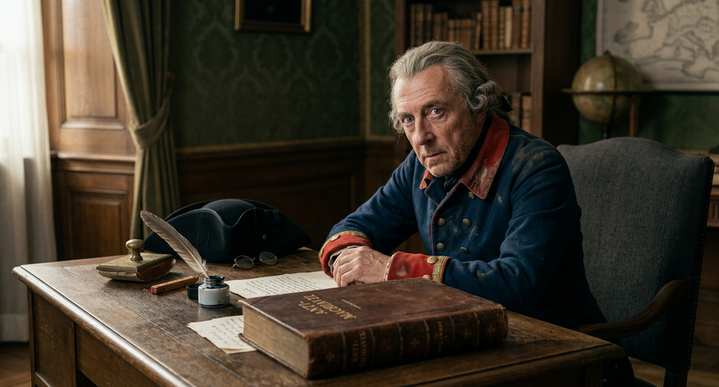 Frederick the Great sits at a wooden desk beside a quill and a leather-bound Anti-Machiavel manuscript.