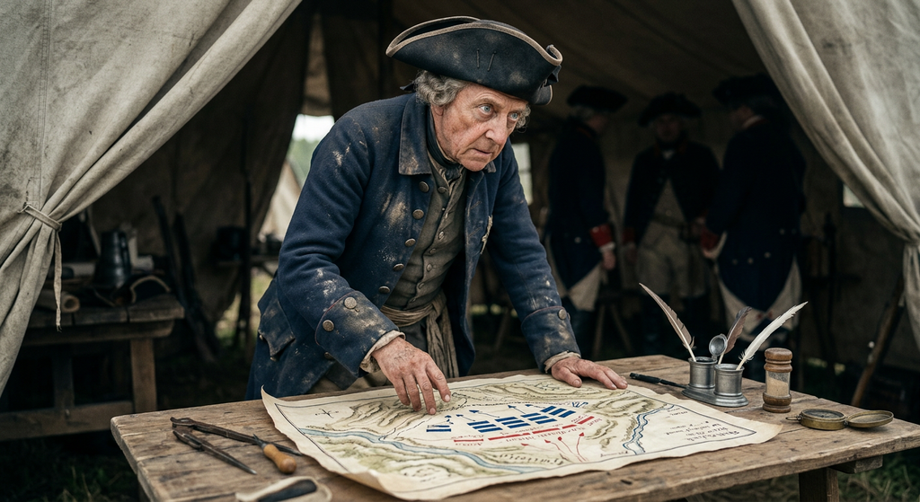 Frederick the Great examines a tactical map showing Prussian and Austrian troop positions.