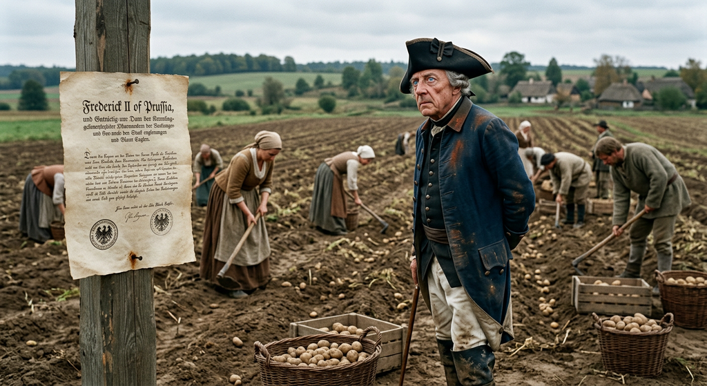 Frederick the Great stands near a posted royal decree beside a harvested potato field.