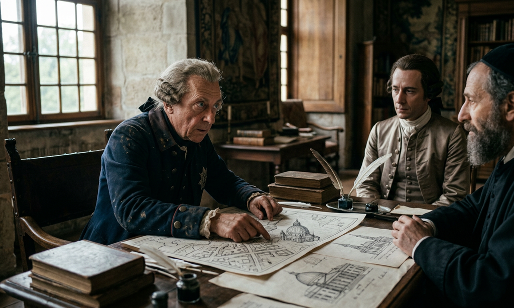 Frederick the Great looks over architectural sketches for a domed Catholic cathedral in Berlin.