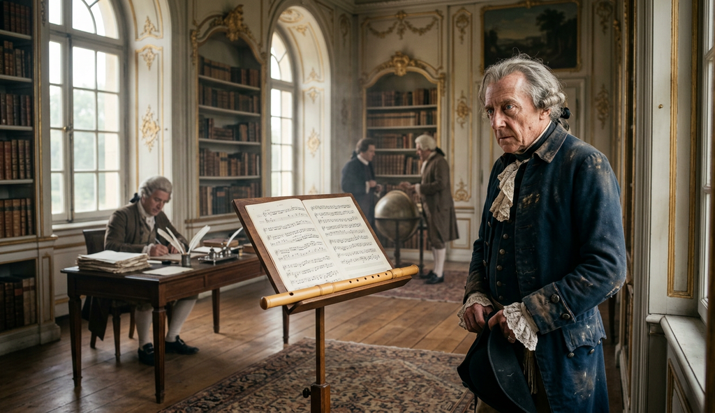 Frederick the Great stands in a sunlit rococo library near a flute resting on a music stand.