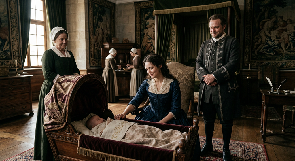 A newborn Prince Frederick rests in a royal cradle inside the Berlin Palace in 1712, attended by members of the Prussian court.