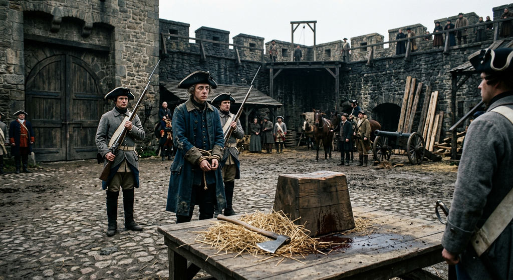 The eighteen-year-old Crown Prince Frederick stands beside a wooden execution block in a stone fortress courtyard after his failed escape in 1730.