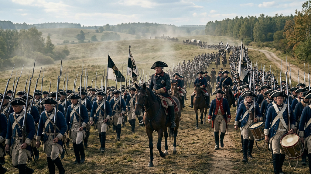 Frederick the Great stands in a field observing Prussian soldiers marching in disciplined formation.