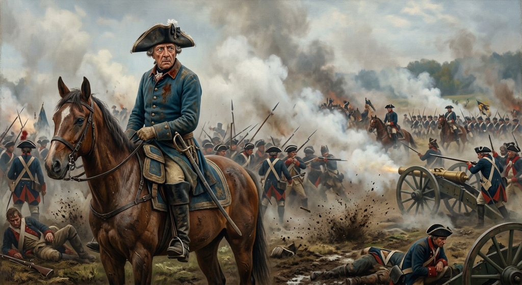 Frederick the Great stands on an eighteenth-century battleground filled with thick cannon smoke.