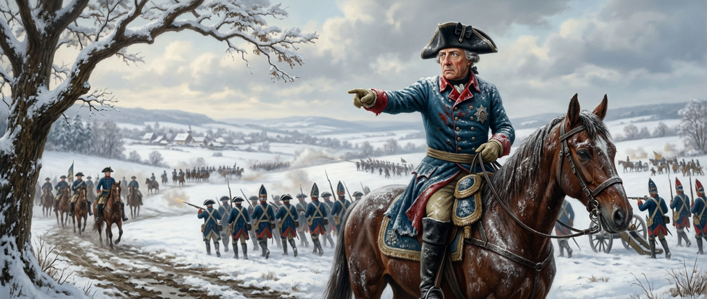 Mounted on horseback, Frederick the Great directs his soldiers across a snowy landscape.