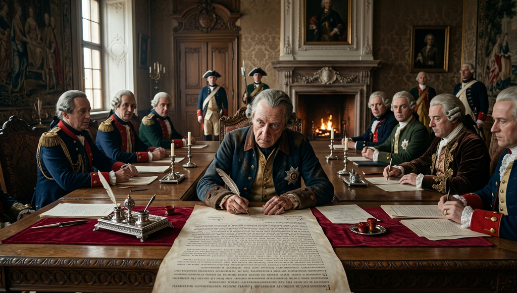 Frederick the Great and diplomats gather around a grand wooden table to sign a parchment treaty.