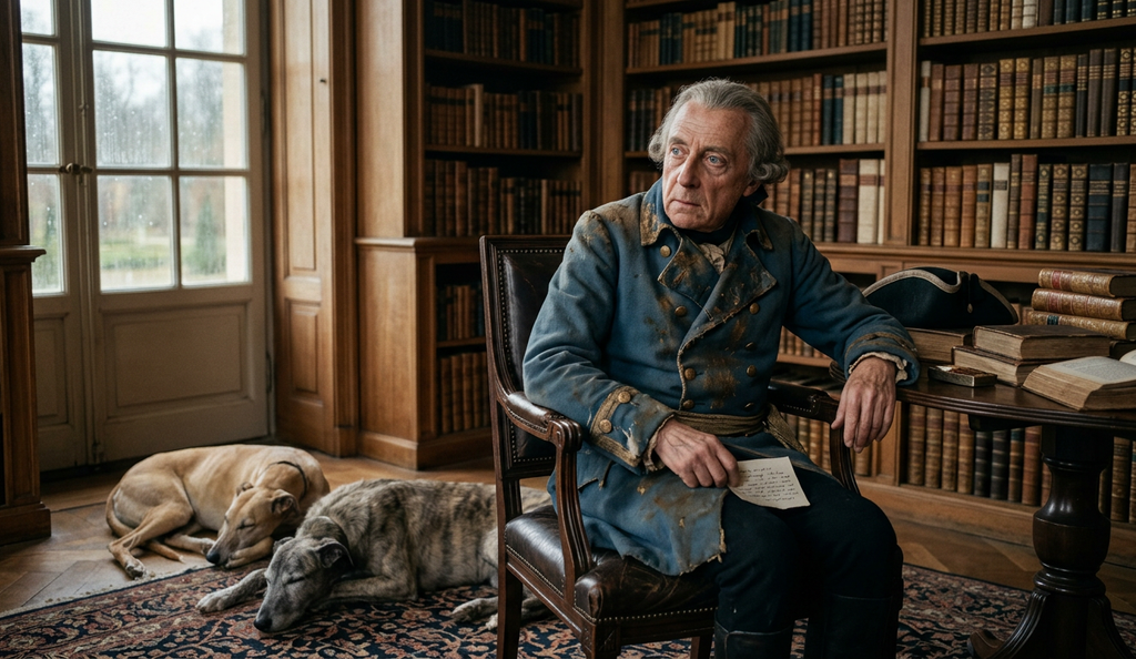 An elderly Frederick the Great rests quietly in his palace library with French books and sleeping greyhounds.