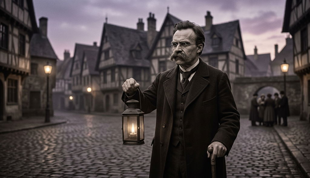 Friedrich Nietzsche carries a lit lantern as he walks through a European town square at dusk.