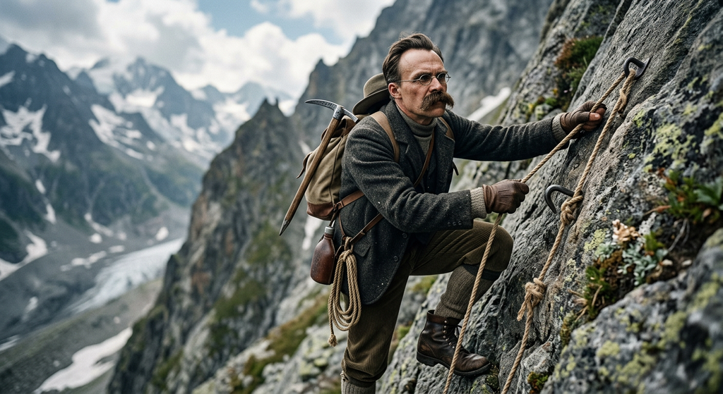 Friedrich Nietzsche climbs a steep alpine peak in the Swiss Alps beneath a hazy sky.