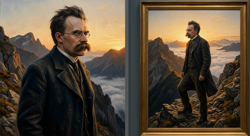Friedrich Nietzsche stands in silhouette on a high mountain ridge, looking toward a rising sun.