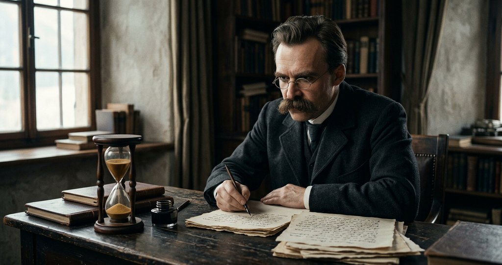 An hourglass sits next to handwritten philosophical pages on a dark wooden desk.