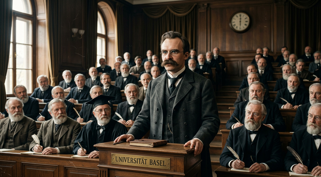 Friedrich Nietzsche stands in a dark suit before seated older academics inside a formal European lecture hall.