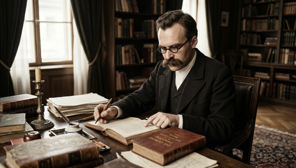 A closed leather-bound book rests on a dark wooden desk illuminated by warm sunlight.