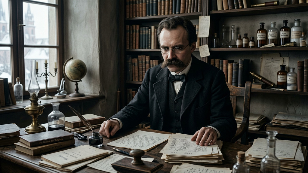 Friedrich Nietzsche sits at a wooden desk surrounded by medical tonics and loose papers in a dimly lit study.