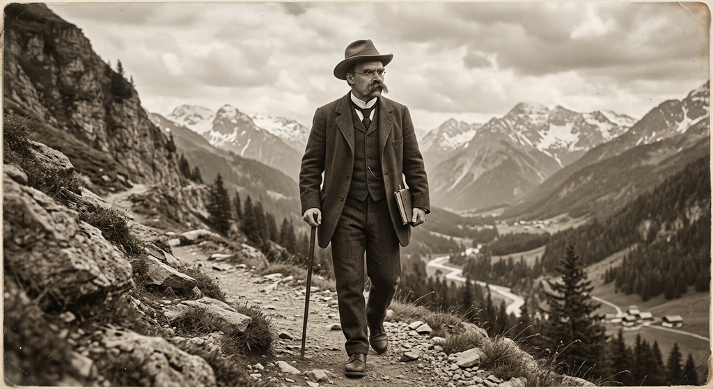 Friedrich Nietzsche walks alone along a rocky alpine path wearing a dark suit and heavy overcoat.
