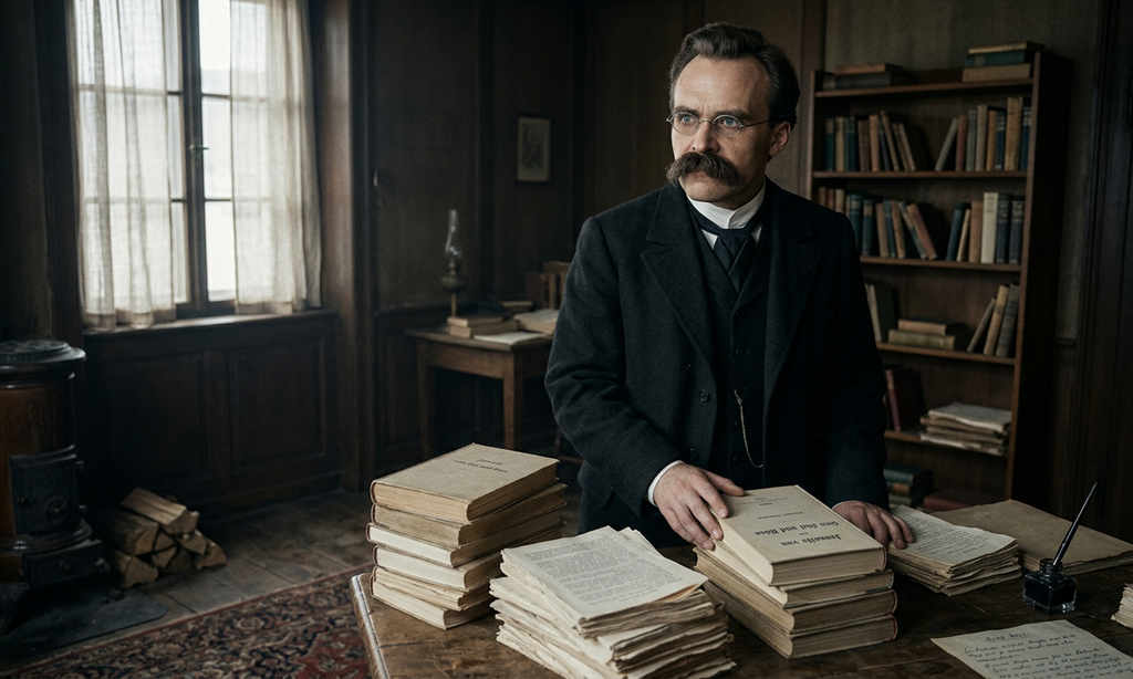 Stacks of freshly printed books sit on a simple wooden table inside a European boarding house room.