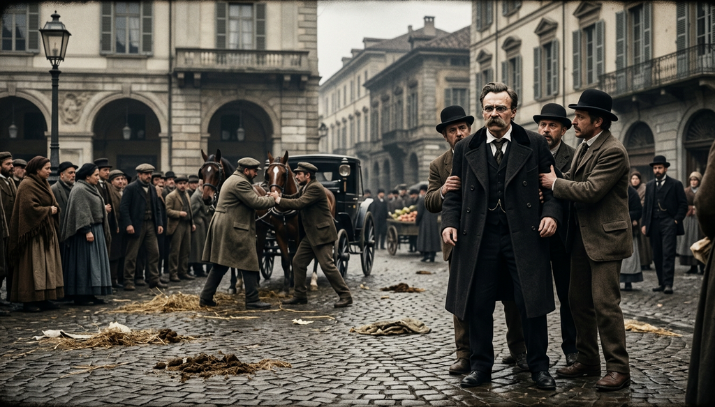 Friedrich Nietzsche stands in a busy nineteenth-century Italian square surrounded by horse-drawn carriages.