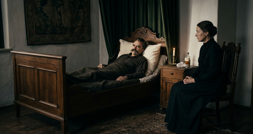 Friedrich Nietzsche rests quietly in a dark bedroom with heavy drawn curtains in Weimar.