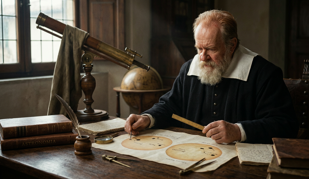 Dark irregular sunspot patterns project onto a sheet of parchment placed beneath an optical apparatus.