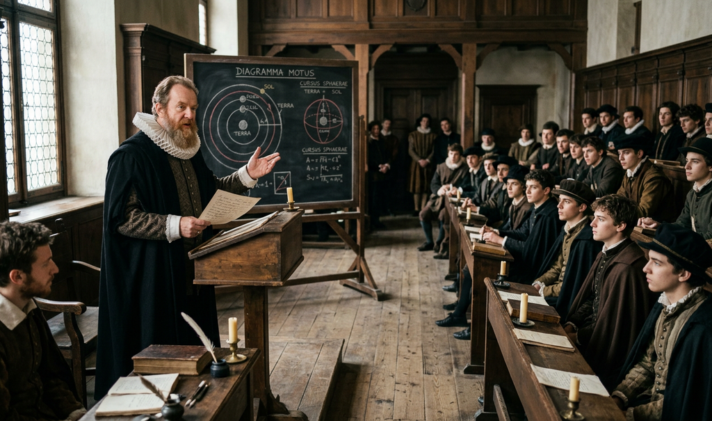 Galileo stands in a Renaissance university lecture hall filled with wooden benches and geometric diagrams.