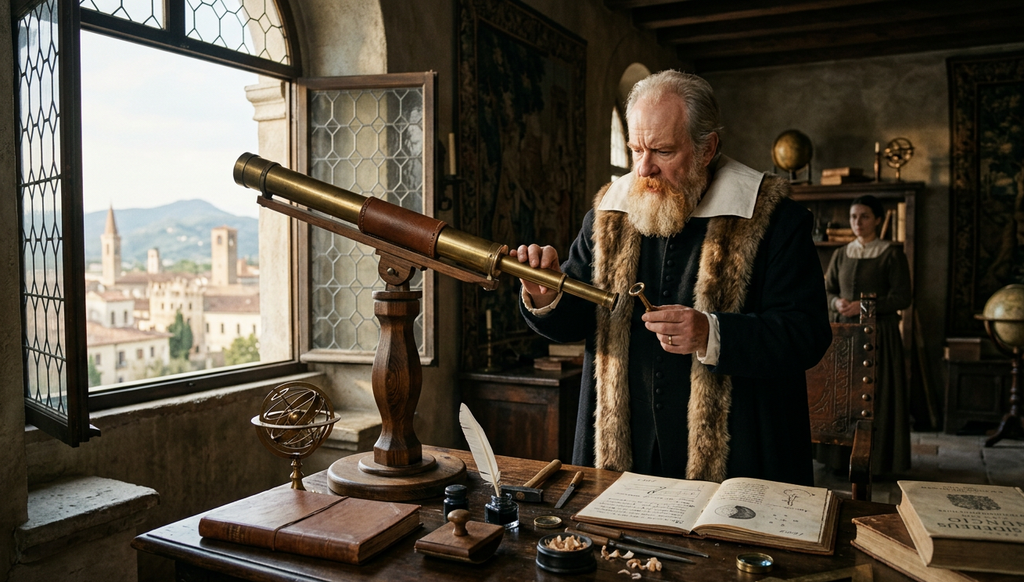 A brass telescope sits mounted on a wooden tripod near an open window in a seventeenth-century room.