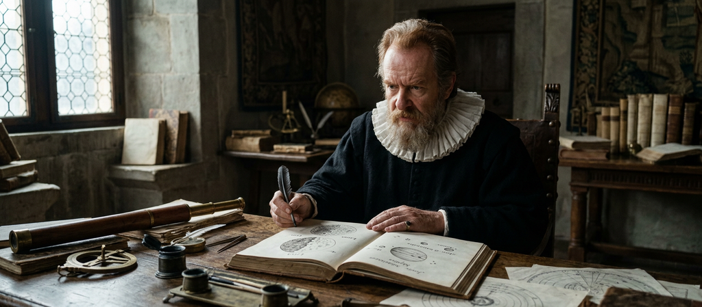 An open seventeenth-century book displays detailed ink sketches of lunar surfaces and astronomical observations.