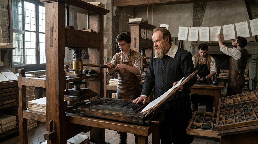 A wooden seventeenth-century printing press outputs freshly inked manuscript pages in a workshop.