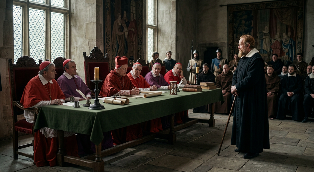 Cardinals sit along a dark wooden table inside a solemn seventeenth-century ecclesiastical courtroom.