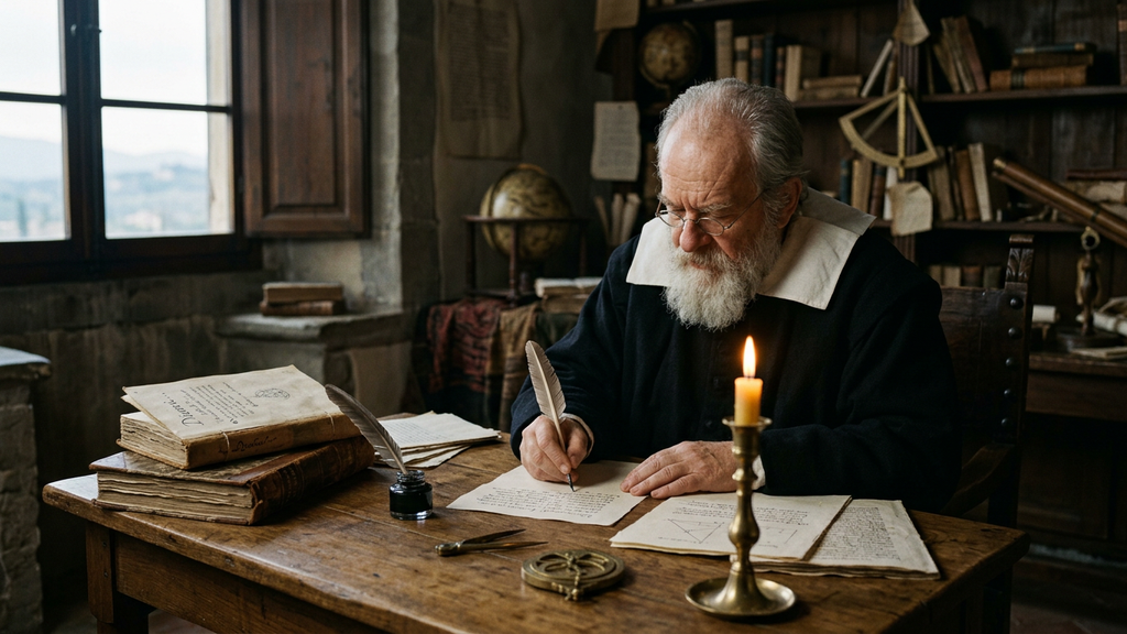 A stack of bound paper manuscripts sits on a wooden desk beside a glowing candle in a dark room.