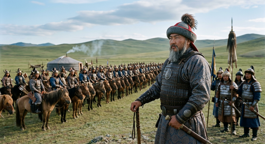 A commander rides past a disciplined line of mounted archers standing in formation on the open grassland.