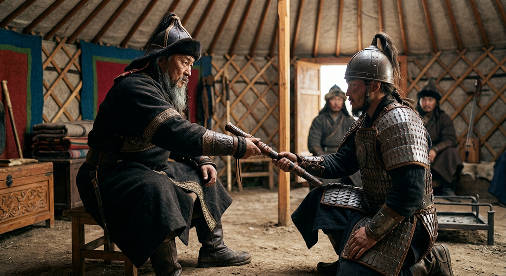 Inside a felt ger, Genghis Khan presents a wooden command baton to an armored warrior.